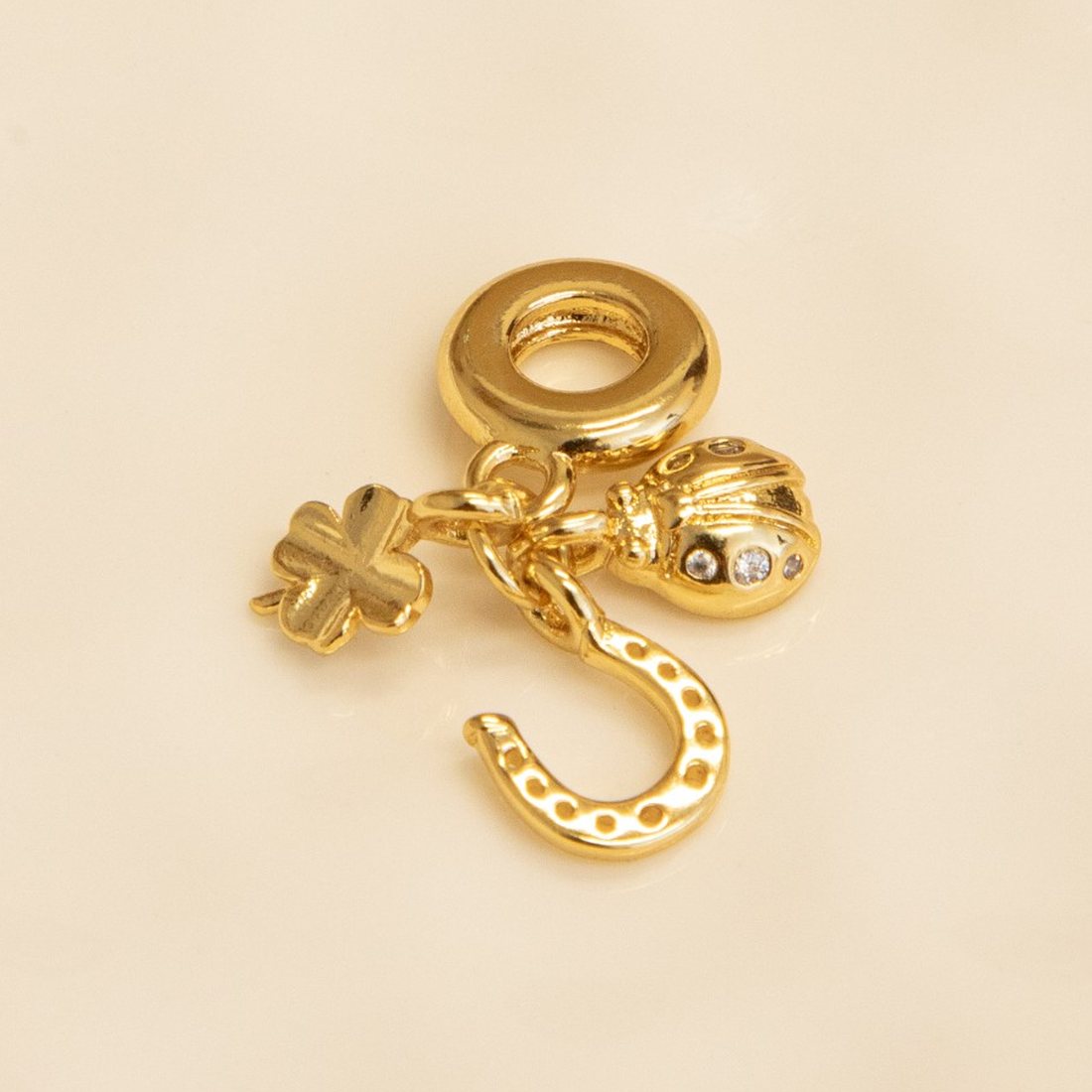 Gold lucky charms on a white dish: a four-leaf clover, a horseshoe and a ladybug.